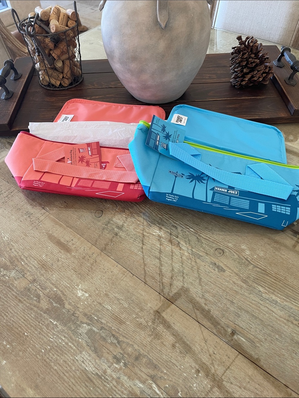 Bright Blue and Coral insulated bags for lunch